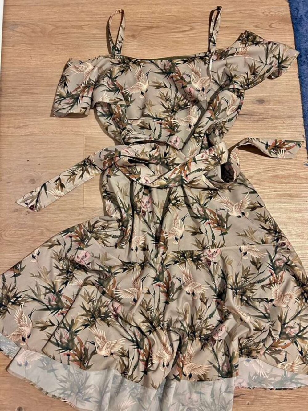 Romantic Off-Shoulder Midi Dress | Sage Green Crane & Floral Print | Belted Wais